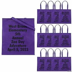 New 👍 15" x 17" Personalized Large Purple Nonwoven Tote Bags with Text Color Choice - 24 Pc. 🎉