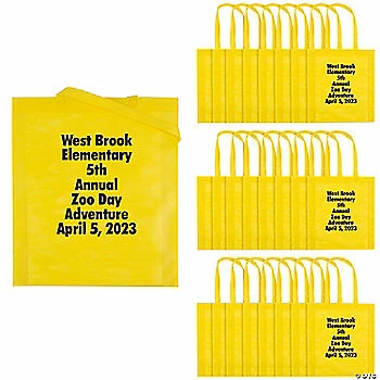 Discount 𧨠15" x 17" Personalized Large Yellow Nonwoven Tote Bags with Text Color Choice - 24 Pc. β€οΈ 3 Discount 𧨠15" x 17" Personalized Large Yellow Nonwoven Tote Bags with Text Color Choice - 24 Pc. β€οΈ